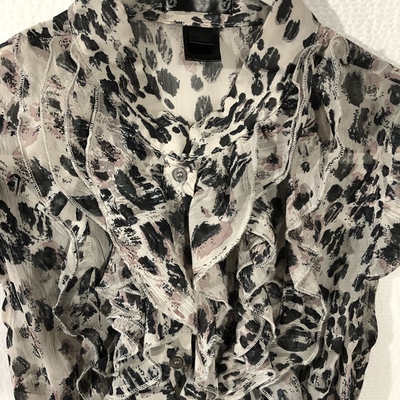 Sheer Animal Print Ruffled Front Blouse - Picture 3 of 8